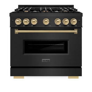 ZLINE Autograph Edition 36 in. 5.2 cu. ft. Classic Dual Fuel Range with 6 Burner Gas Cooktop and Electric Convection Oven in Black Stainless Steel with Champagne Bronze Accents (CDRBZ-36-CB) front, closed.