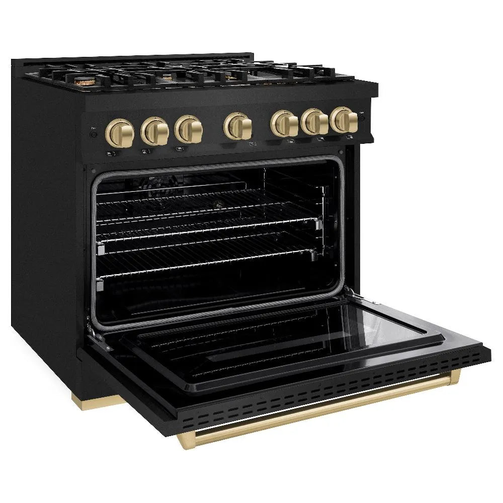 ZLINE Autograph Edition 36 in. 5.2 cu. ft. Classic Dual Fuel Range with 6 Burner Gas Cooktop and Electric Convection Oven in Black Stainless Steel with Champagne Bronze Accents (CDRBZ-36-CB) side, oven open.