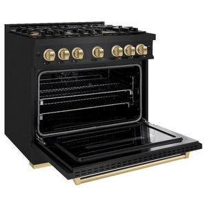 ZLINE Autograph Edition 36 in. 5.2 cu. ft. Classic Dual Fuel Range with 6 Burner Gas Cooktop and Electric Convection Oven in Black Stainless Steel with Champagne Bronze Accents (CDRBZ-36-CB) side, oven open.