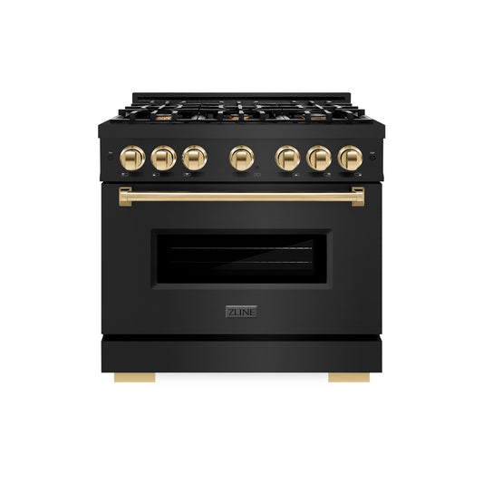 ZLINE Autograph Edition 36 in. 5.2 cu. ft. Classic Dual Fuel Range with 6 Burner Gas Cooktop and Electric Convection Oven in Black Stainless Steel with Polished Gold Accents (CDRBZ-36-G) front, oven closed.