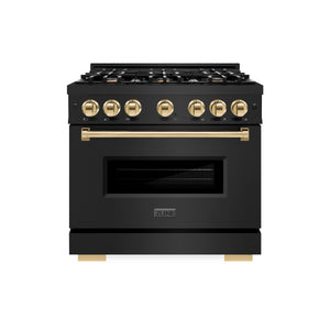 ZLINE Autograph Edition 36 in. 5.2 cu. ft. Classic Dual Fuel Range with 6 Burner Gas Cooktop and Electric Convection Oven in Black Stainless Steel with Polished Gold Accents (CDRBZ-36-G) front.