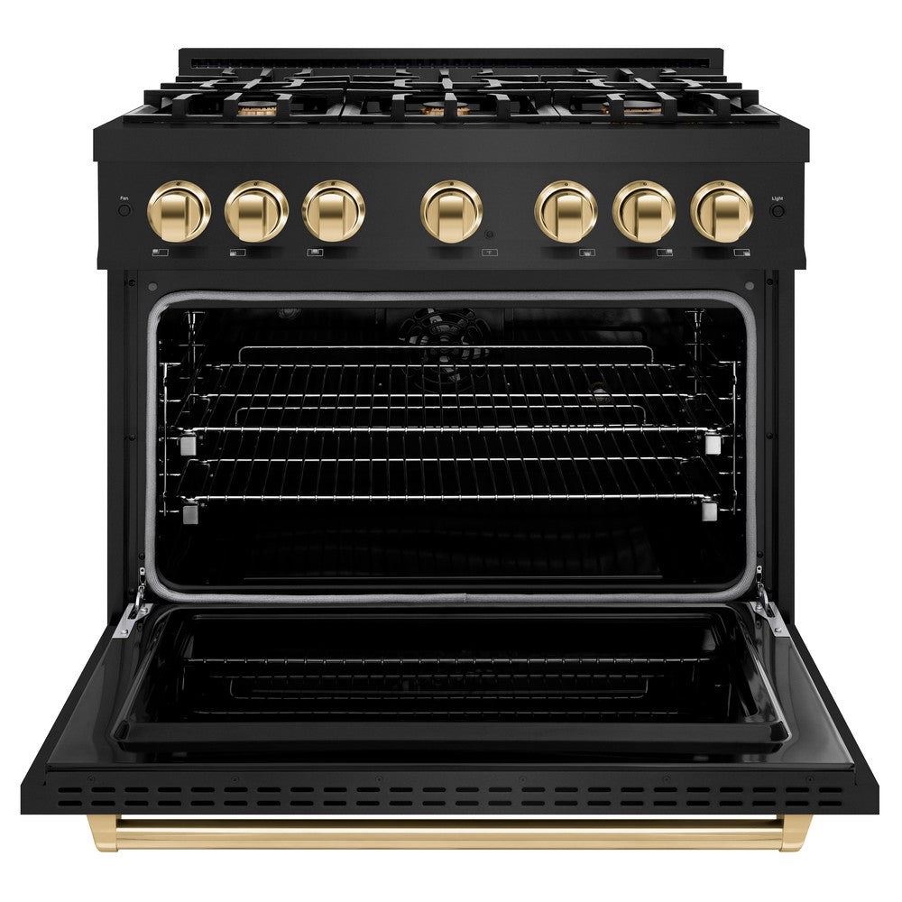 ZLINE Autograph Edition 36 in. 5.2 cu. ft. Classic Dual Fuel Range with 6 Burner Gas Cooktop and Electric Convection Oven in Black Stainless Steel with Polished Gold Accents (CDRBZ-36-G) front, open.