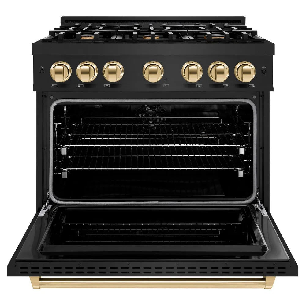 ZLINE Autograph Edition 36 in. 5.2 cu. ft. Classic Dual Fuel Range with 6 Burner Gas Cooktop and Electric Convection Oven in Black Stainless Steel with Polished Gold Accents (CDRBZ-36-G) front, oven open.