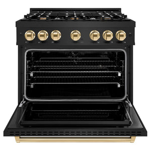 ZLINE Autograph Edition 36 in. 5.2 cu. ft. Classic Dual Fuel Range with 6 Burner Gas Cooktop and Electric Convection Oven in Black Stainless Steel with Polished Gold Accents (CDRBZ-36-G) front, oven open.