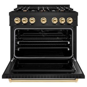 ZLINE Autograph Edition 36 in. 5.2 cu. ft. Classic Dual Fuel Range with 6 Burner Gas Cooktop and Electric Convection Oven in Black Stainless Steel with Polished Gold Accents (CDRBZ-36-G) front, open.