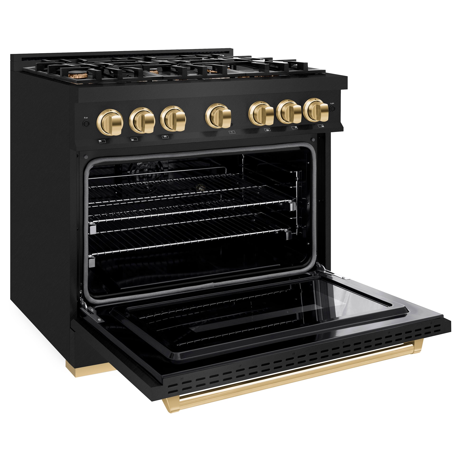 ZLINE Autograph Edition 36 in. 5.2 cu. ft. Classic Dual Fuel Range with 6 Burner Gas Cooktop and Electric Convection Oven in Black Stainless Steel with Polished Gold Accents (CDRBZ-36-G) side, open.