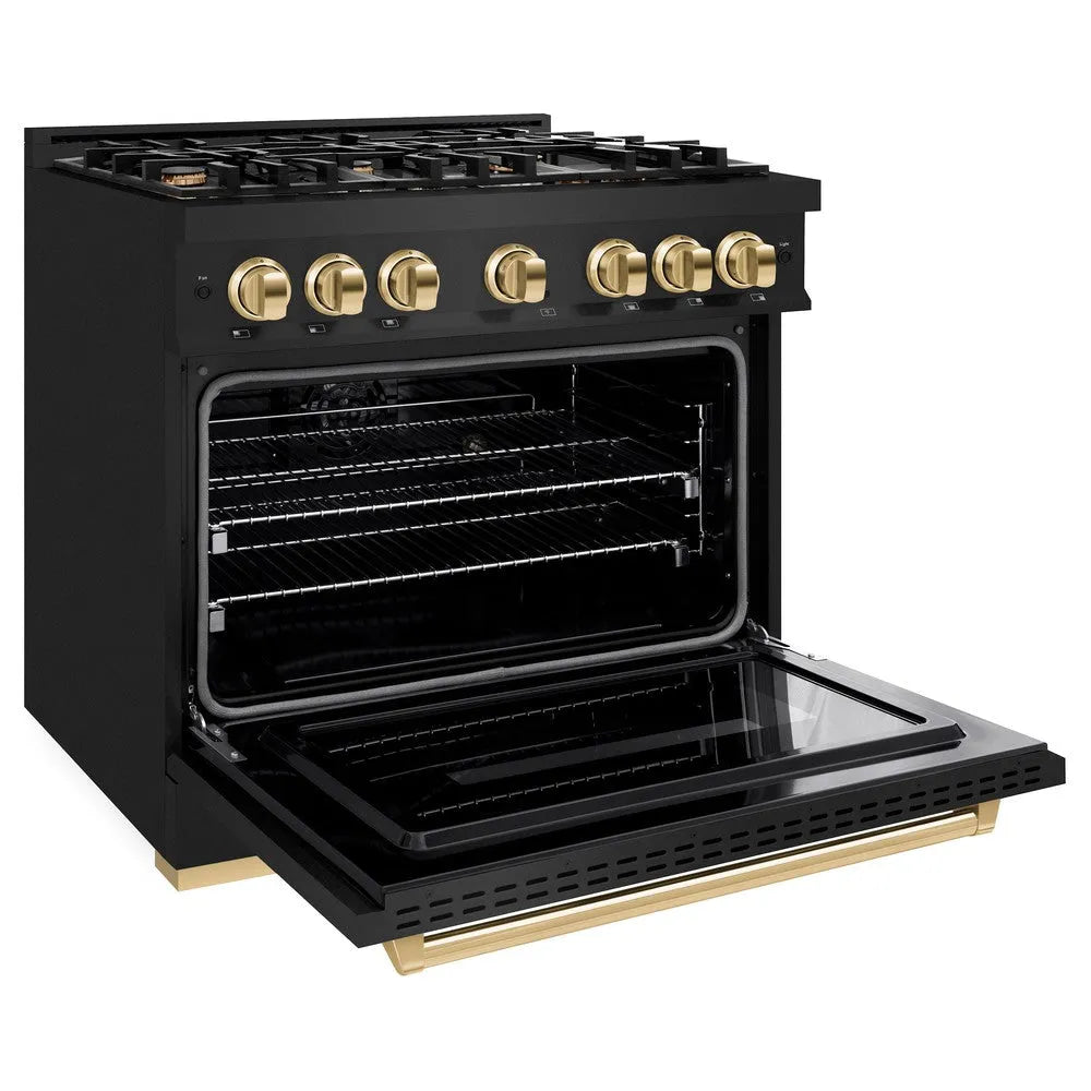 ZLINE Autograph Edition 36 in. 5.2 cu. ft. Classic Dual Fuel Range with 6 Burner Gas Cooktop and Electric Convection Oven in Black Stainless Steel with Polished Gold Accents (CDRBZ-36-G) side, oven open.
