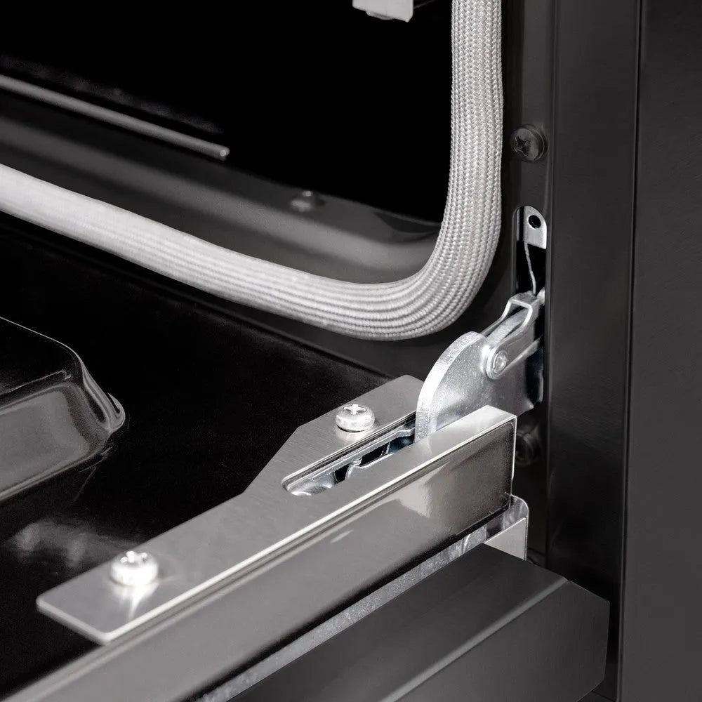 ZLINE Autograph Edition 36 in. 5.2 cu. ft. Classic Dual Fuel Range with 6 Burner Gas Cooktop and Electric Convection Oven in Black Stainless Steel with Polished Gold Accents (CDRBZ-36-G) close-up, StayPut oven door hinge.