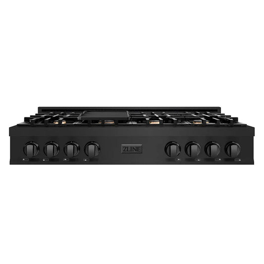ZLINE 48 in. Classic Gas Rangetop with 8 Brass Burners and Porcelain Cooktop in Black Stainless Steel (RTB-BR-48) main image.