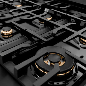ZLINE Autograph Edition 48 in. Classic Gas Rangetop with 8 Burners and Porcelain Cooktop in Black Stainless Steel with Champagne Bronze Accents (RTBZ-48-CB) large brass burner spread and grates.