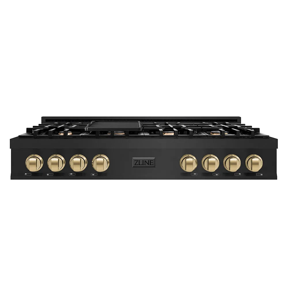 ZLINE Autograph Edition 48 in. Classic Gas Rangetop with 8 Burners and Porcelain Cooktop in Black Stainless Steel with Champagne Bronze Accents (RTBZ-48-CB) main image.