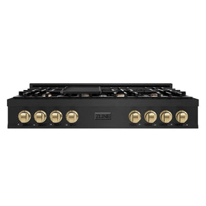 ZLINE Autograph Edition 48 in. Classic Gas Rangetop with 8 Burners and Porcelain Cooktop in Black Stainless Steel with Champagne Bronze Accents (RTBZ-48-CB) main image.