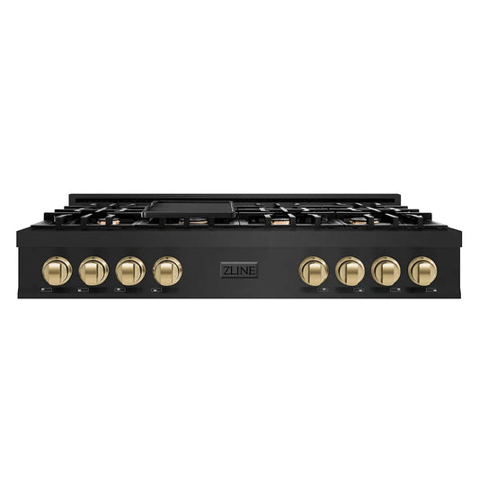 ZLINE Autograph Edition 48 in. Classic Gas Rangetop with 8 Burners and Porcelain Cooktop in Black Stainless Steel with Champagne Bronze Accents (RTBZ-48-CB) main image.