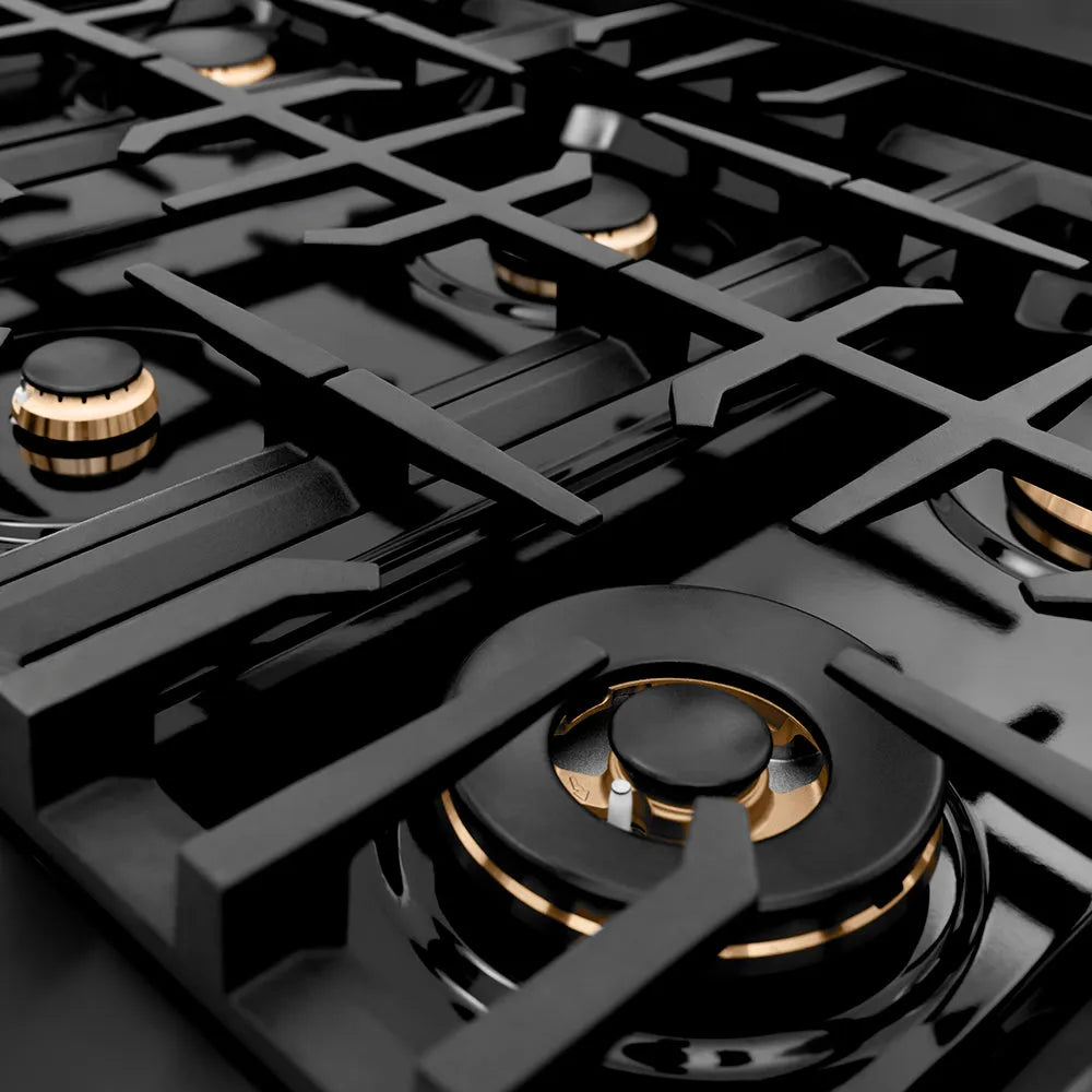 ZLINE Autograph Edition 48 in. Classic Gas Rangetop with 8 Burners and Porcelain Cooktop in Black Stainless Steel with Polished Gold Accents (RTBZ-48-G) large brass burner spread and grates.