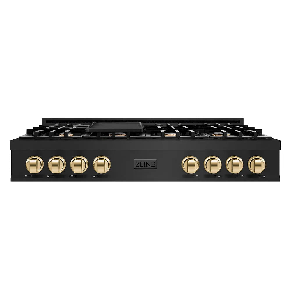 ZLINE Autograph Edition 48 in. Classic Gas Rangetop with 8 Burners and Porcelain Cooktop in Black Stainless Steel with Polished Gold Accents (RTBZ-48-G) main image.