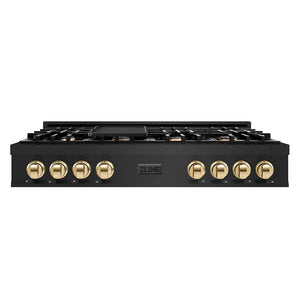 ZLINE Autograph Edition 48 in. Classic Gas Rangetop with 8 Burners and Porcelain Cooktop in Black Stainless Steel with Polished Gold Accents (RTBZ-48-G) main image.