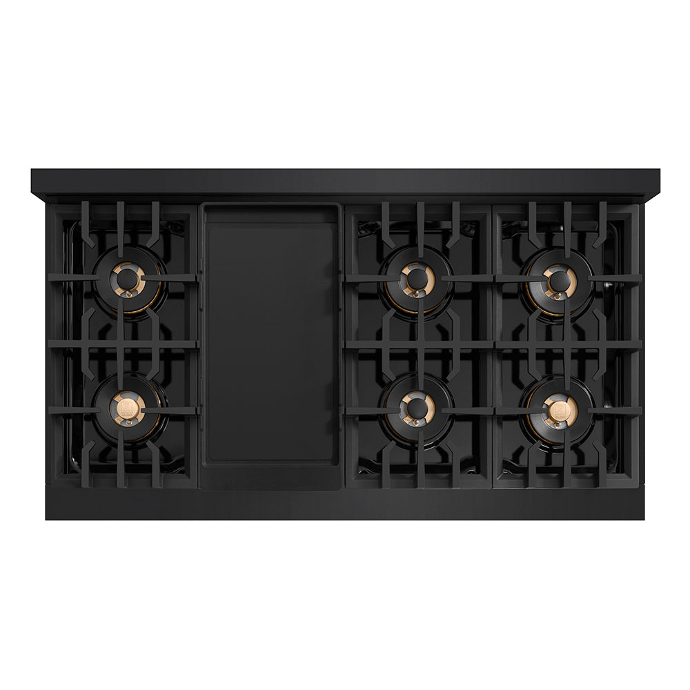 ZLINE 48 in. Classic Gas Rangetop with 8 Burner DuoPro™ Cooktop in Black Stainless Steel (PCRTB-48) top-down, above cooktop with griddle.