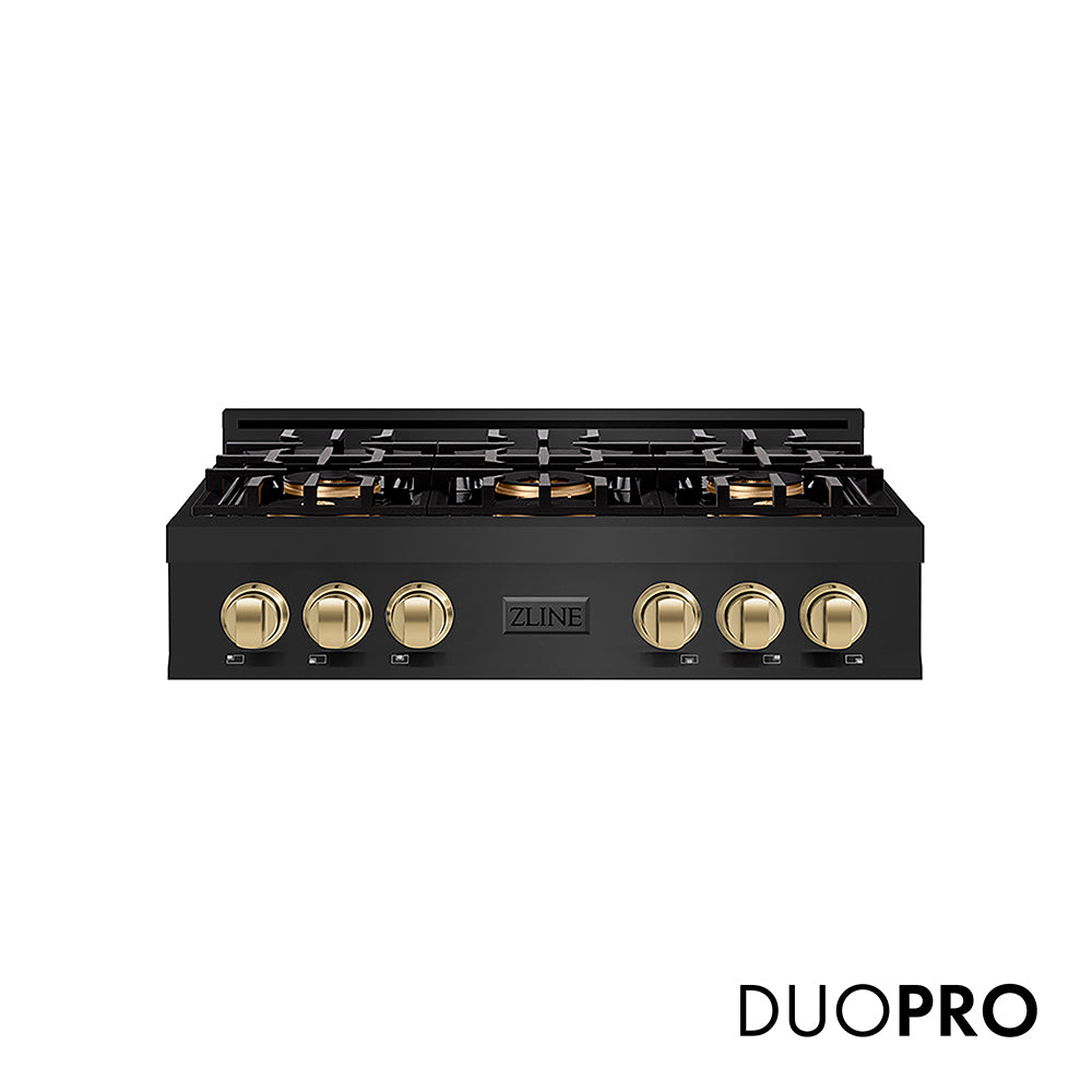 ZLINE Autograph Edition 36 in. Classic Gas Rangetop with 6 Burner DuoPro™ Cooktop in Black Stainless Steel and Champagne Bronze Accents (PCRTBZ-36-CB)