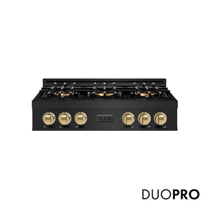 ZLINE Autograph Edition 36 in. Classic Gas Rangetop with 6 Burner DuoPro™ Cooktop in Black Stainless Steel and Champagne Bronze Accents (PCRTBZ-36-CB)