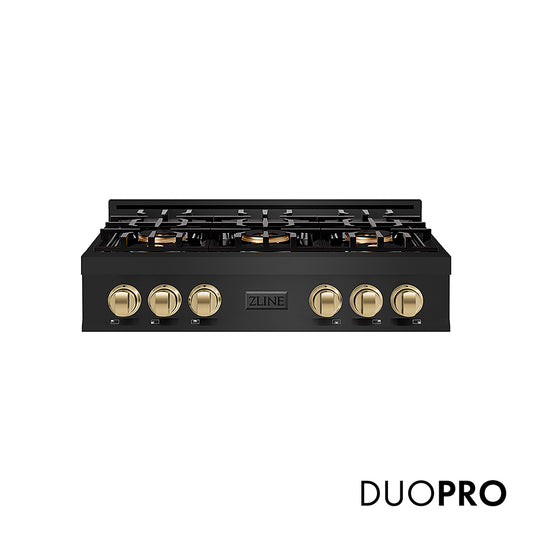 ZLINE Autograph Edition 36 in. Classic Gas Rangetop with 6 Burner DuoPro™ Cooktop in Black Stainless Steel and Champagne Bronze Accents (PCRTBZ-36-CB)
