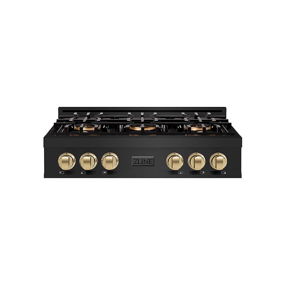 ZLINE Autograph Edition 36 in. Classic Gas Rangetop with 6 Burner DuoPro™ Cooktop in Black Stainless Steel and Champagne Bronze Accents (PCRTBZ-36-CB)