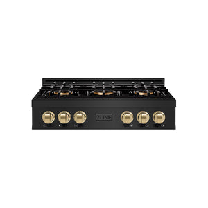 ZLINE Autograph Edition 36 in. Classic Gas Rangetop with 6 Burner DuoPro™ Cooktop in Black Stainless Steel and Champagne Bronze Accents (PCRTBZ-36-CB)