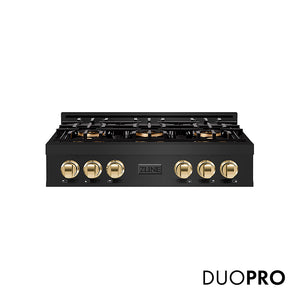 ZLINE Autograph Edition 36 in. Classic Gas Rangetop with 6 Burner DuoPro™ Cooktop in Black Stainless Steel and Polished Gold Accents (PCRTBZ-36-G)