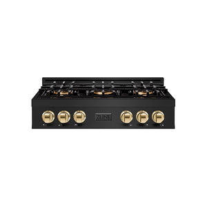 ZLINE Autograph Edition 36 in. Classic Gas Rangetop with 6 Burner DuoPro™ Cooktop in Black Stainless Steel and Polished Gold Accents (PCRTBZ-36-G)