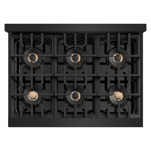 ZLINE Autograph Edition 36 in. Classic Gas Rangetop with 6 Burner DuoPro™ Cooktop in Black Stainless Steel and Polished Gold Accents (PCRTBZ-36-G)