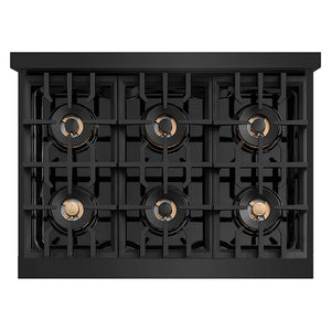 ZLINE Autograph Edition 36 in. Classic Gas Rangetop with 6 Burner DuoPro™ Cooktop in Black Stainless Steel and Polished Gold Accents (PCRTBZ-36-G) top-down, above cooktop.