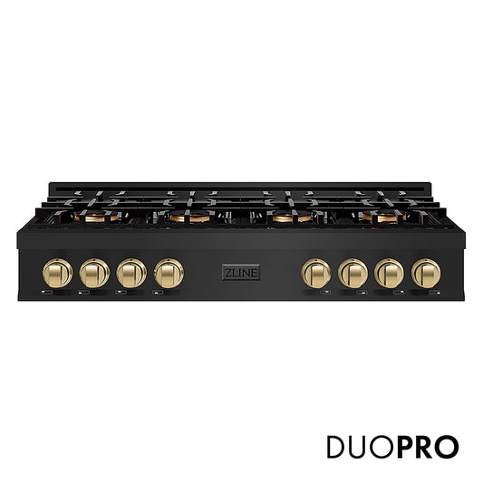 ZLINE Autograph Edition 48 in. Classic Gas Rangetop with 8 Burner DuoPro™ Cooktop in Black Stainless Steel and Champagne Bronze Accents (PCRTBZ-48-CB)