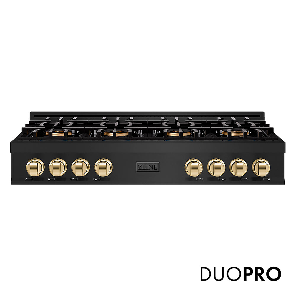ZLINE Autograph Edition 48 in. Classic Gas Rangetop with 8 Burner DuoPro™ Cooktop in Black Stainless Steel and Polished Gold Accents (PCRTBZ-48-G)