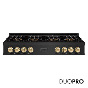 ZLINE Autograph Edition 48 in. Classic Gas Rangetop with 8 Burner DuoPro™ Cooktop in Black Stainless Steel and Polished Gold Accents (PCRTBZ-48-G)