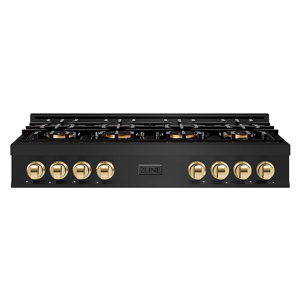 ZLINE Autograph Edition 48 in. Classic Gas Rangetop with 8 Burner DuoPro™ Cooktop in Black Stainless Steel and Polished Gold Accents (PCRTBZ-48-G)