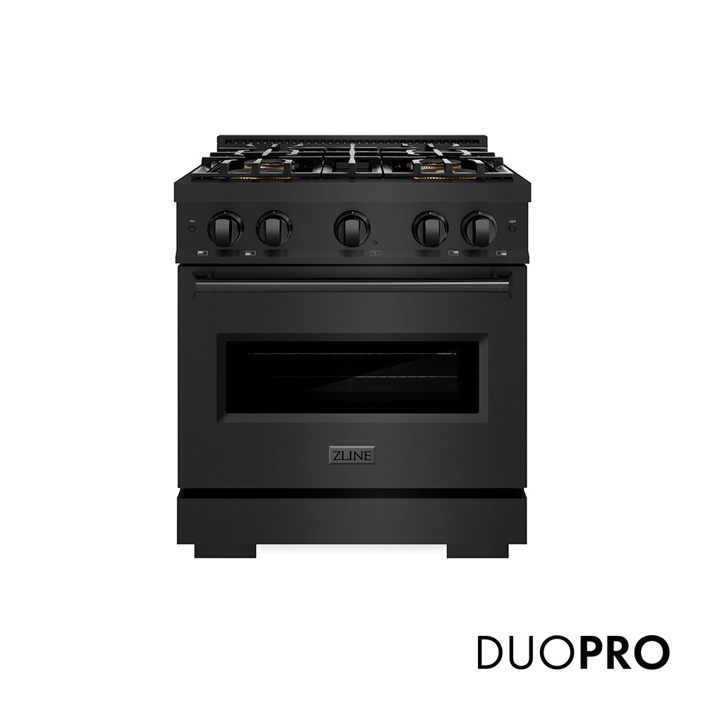 ZLINE 30 in. 4.2 cu. ft. Classic Dual Fuel Range with 4 Burner DuoPro™ Cooktop and Electric Convection Oven in Black Stainless Steel (PCDRB-30) front, with DuoPro™ logo.