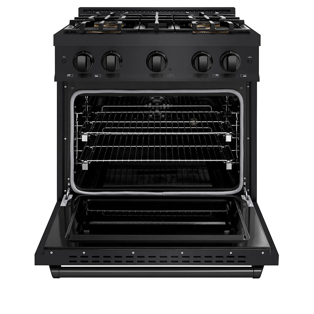 ZLINE 30 in. 4.2 cu. ft. Classic Dual Fuel Range with 4 Burner DuoPro™ Cooktop and Electric Convection Oven in Black Stainless Steel (PCDRB-30) front, oven open.