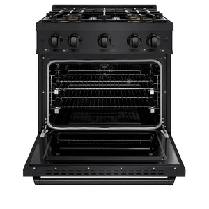 ZLINE 30 in. 4.2 cu. ft. Classic Dual Fuel Range with 4 Burner DuoPro™ Cooktop and Electric Convection Oven in Black Stainless Steel (PCDRB-30) front, oven open.
