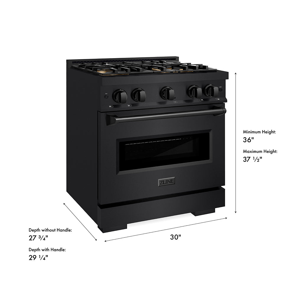 ZLINE 30 in. 4.2 cu. ft. Classic Dual Fuel Range with 4 Burner DuoPro™ Cooktop and Electric Convection Oven in Black Stainless Steel (PCDRB-30) dimensional diagram.