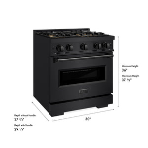 ZLINE 30 in. 4.2 cu. ft. Classic Dual Fuel Range with 4 Burner DuoPro™ Cooktop and Electric Convection Oven in Black Stainless Steel (PCDRB-30) dimensional diagram.