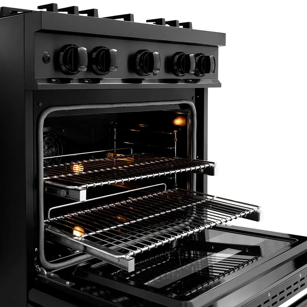 ZLINE 30 in. 4.2 cu. ft. Classic Dual Fuel Range with 4 Burner DuoPro™ Cooktop and Electric Convection Oven in Black Stainless Steel (PCDRB-30) open oven with racks inside, showing interior design and layout.