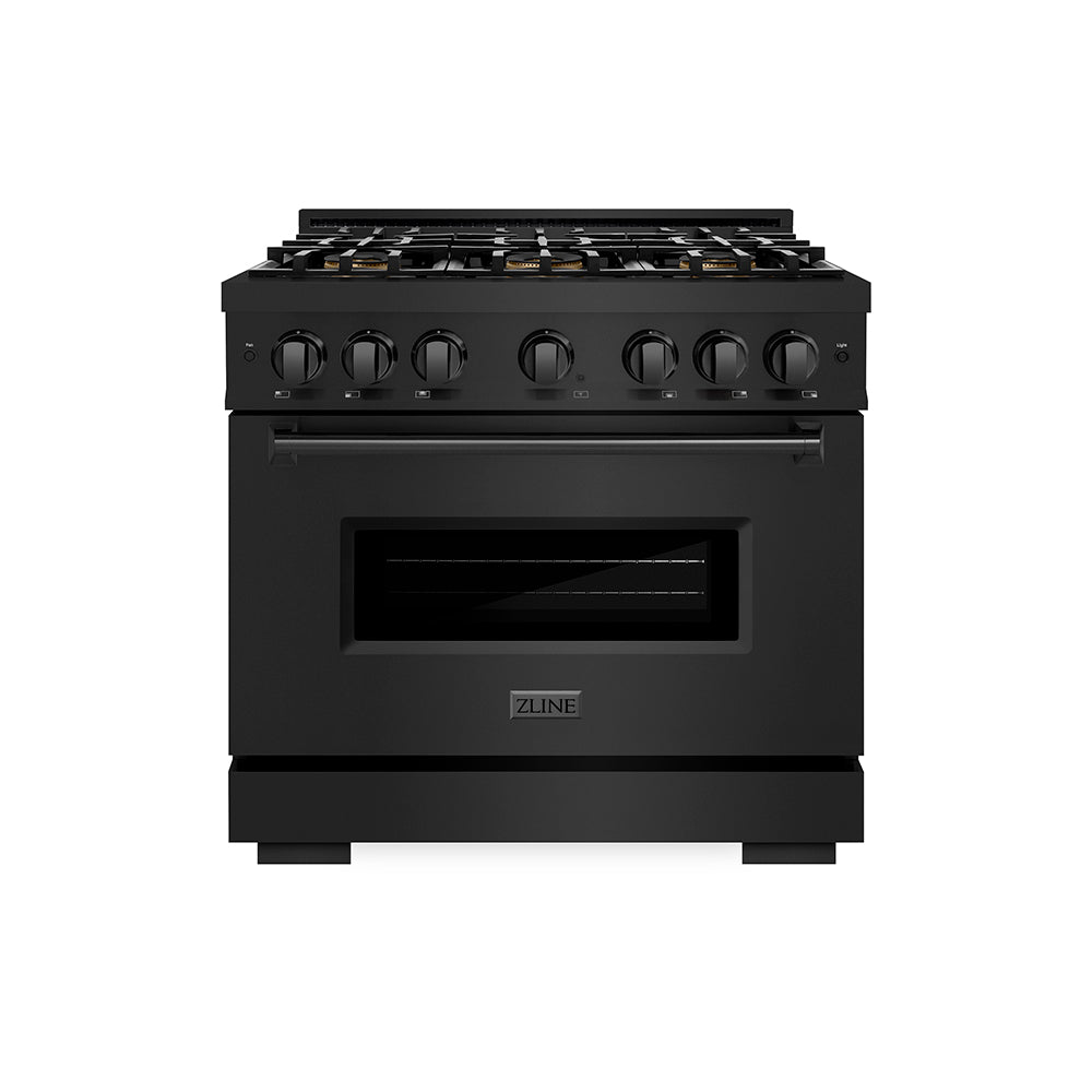 ZLINE 36 in. 5.2 cu. ft. Classic Dual Fuel Range with 6 Burner DuoPro™ Cooktop and Electric Convection Oven in Black Stainless Steel (PCDRB-36) front.