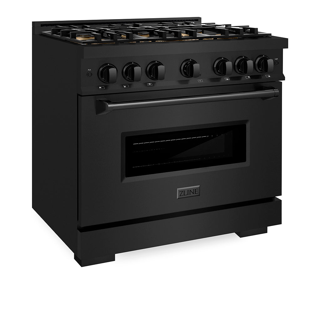ZLINE 36 in. 5.2 cu. ft. Classic Dual Fuel Range with 6 Burner DuoPro™ Cooktop and Electric Convection Oven in Black Stainless Steel (PCDRB-36) side, oven closed.