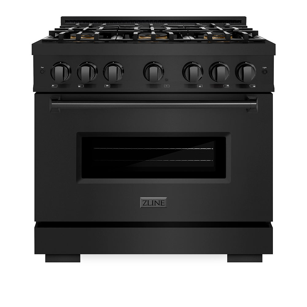 ZLINE 36 in. 5.2 cu. ft. Classic Dual Fuel Range with 6 Burner DuoPro™ Cooktop and Electric Convection Oven in Black Stainless Steel (PCDRB-36) front, oven closed.