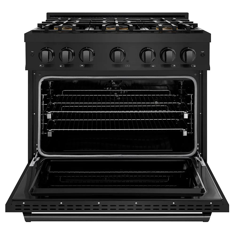 ZLINE 36 in. 5.2 cu. ft. Classic Dual Fuel Range with 6 Burner DuoPro™ Cooktop and Electric Convection Oven in Black Stainless Steel (PCDRB-36) front, oven closed.