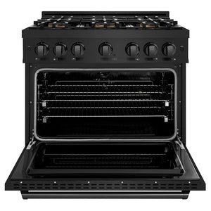 ZLINE 36 in. 5.2 cu. ft. Classic Dual Fuel Range with 6 Burner DuoPro™ Cooktop and Electric Convection Oven in Black Stainless Steel (PCDRB-36) front, oven closed.