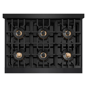 ZLINE 36 in. 5.2 cu. ft. Classic Dual Fuel Range with 6 Burner DuoPro™ Cooktop and Electric Convection Oven in Black Stainless Steel (PCDRB-36) top-down, above cooktop.