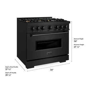ZLINE 36 in. 5.2 cu. ft. Classic Dual Fuel Range with 6 Burner DuoPro™ Cooktop and Electric Convection Oven in Black Stainless Steel (PCDRB-36) dimensional diagram.