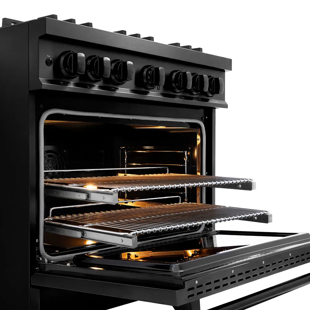 ZLINE 36 in. 5.2 cu. ft. Classic Dual Fuel Range with 6 Burner DuoPro™ Cooktop and Electric Convection Oven in Black Stainless Steel (PCDRB-36) open oven with racks inside, showing interior design and layout.
