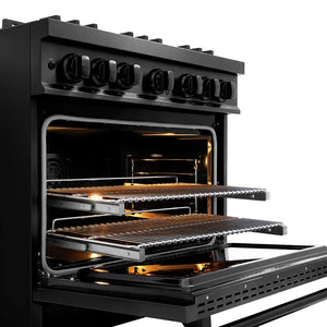 ZLINE 36 in. 5.2 cu. ft. Classic Dual Fuel Range with 6 Burner DuoPro™ Cooktop and Electric Convection Oven in Black Stainless Steel (PCDRB-36) open oven with racks inside, showing interior design and layout.