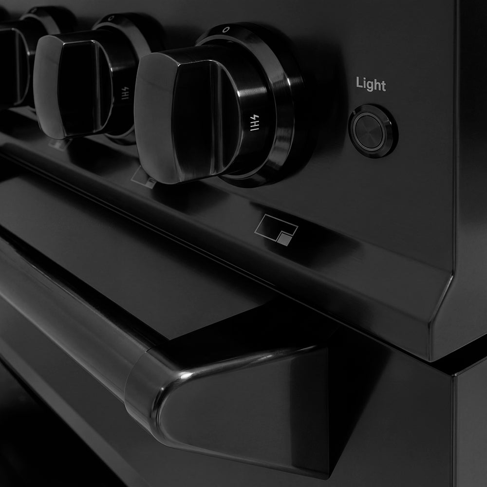 ZLINE 36 in. 5.2 cu. ft. Classic Dual Fuel Range with 6 Burner DuoPro™ Cooktop and Electric Convection Oven in Black Stainless Steel (PCDRB-36) cooktop and oven knobs.